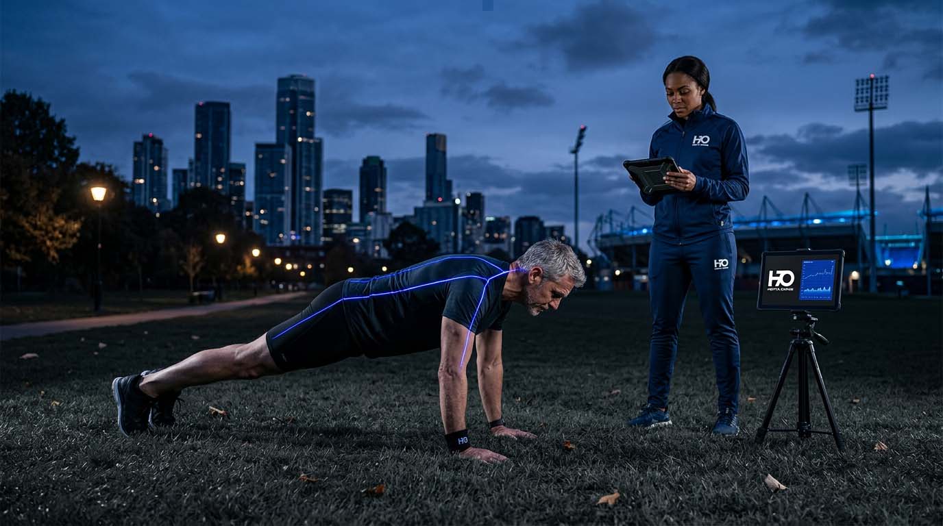 Prime Athletics uzman antrenörü eşliğinde, teknolojik cihazlar ve tablet ile kişiye özel performans testi ve biyomekanik analiz yapılan yetişkin sporcu.