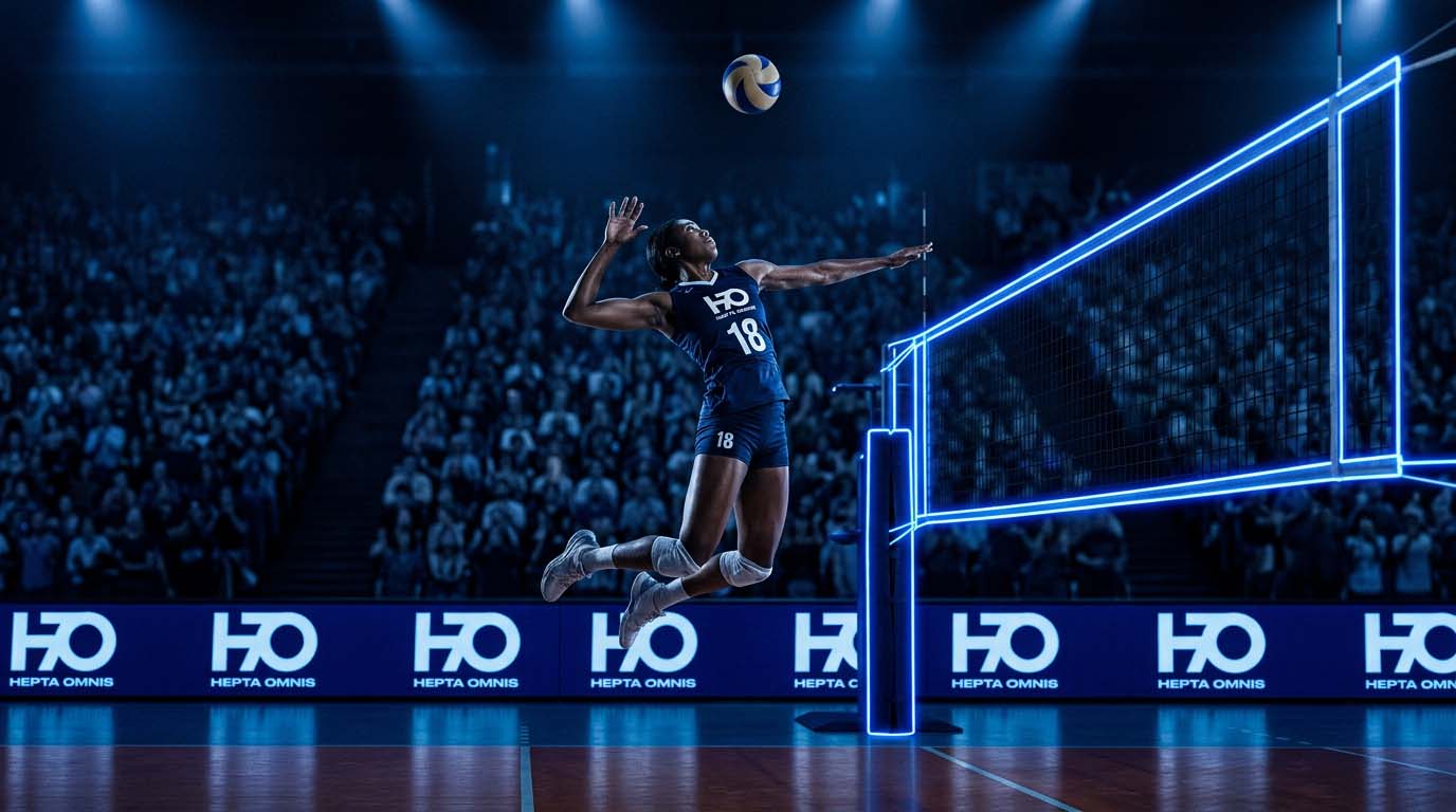 Teknolojik voleybol kortunda maksimum havada asılı kalma süresiyle smaç vuruşu yapan atletik kadın voleybolcu.